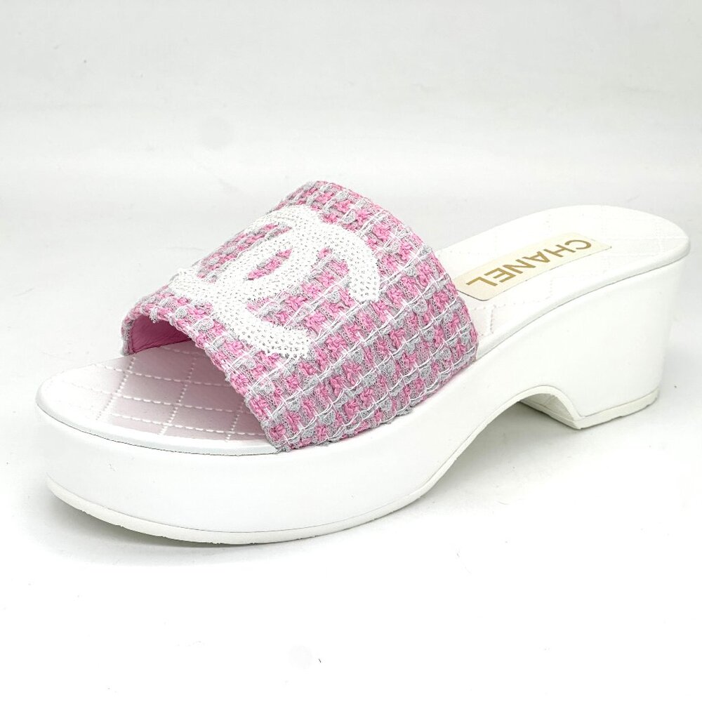 CHANEL 24P Tweed Sequin CC Patent Wedge Heel Mule Slide Platform Sandals